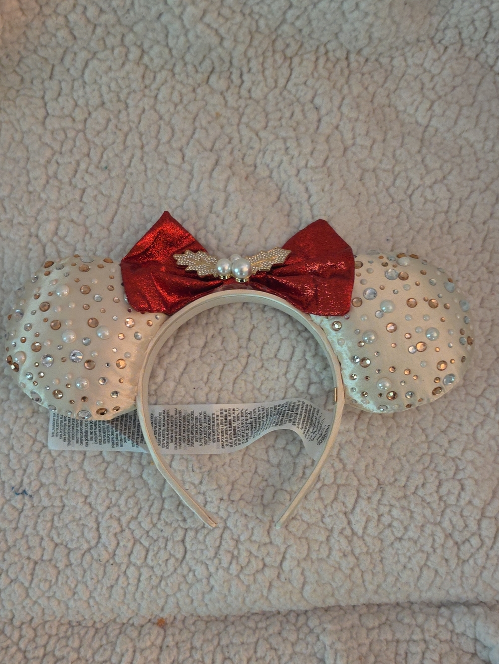 Disney Christmas Lounge fly Rhinestone Pearl Minnie Ear Headband with Red Bow